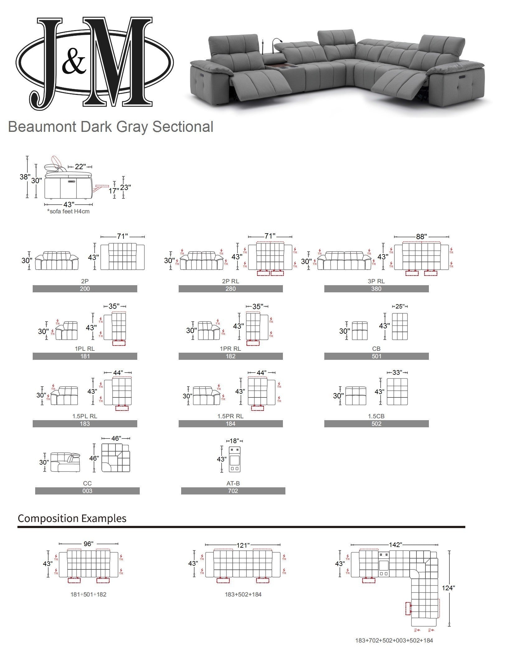 Picasso 6Pc Fabric Motion Sectional In Dark Grey [ clone ]