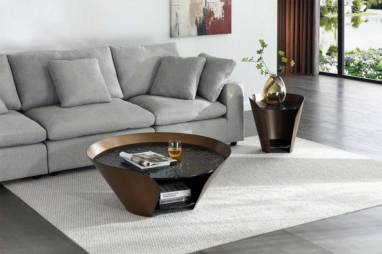 Vanta Coffee Table | Modern Glass Coffee Table with Bronze Base