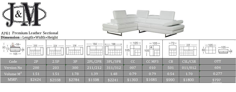 A761 Italian Leather Sectional in Black