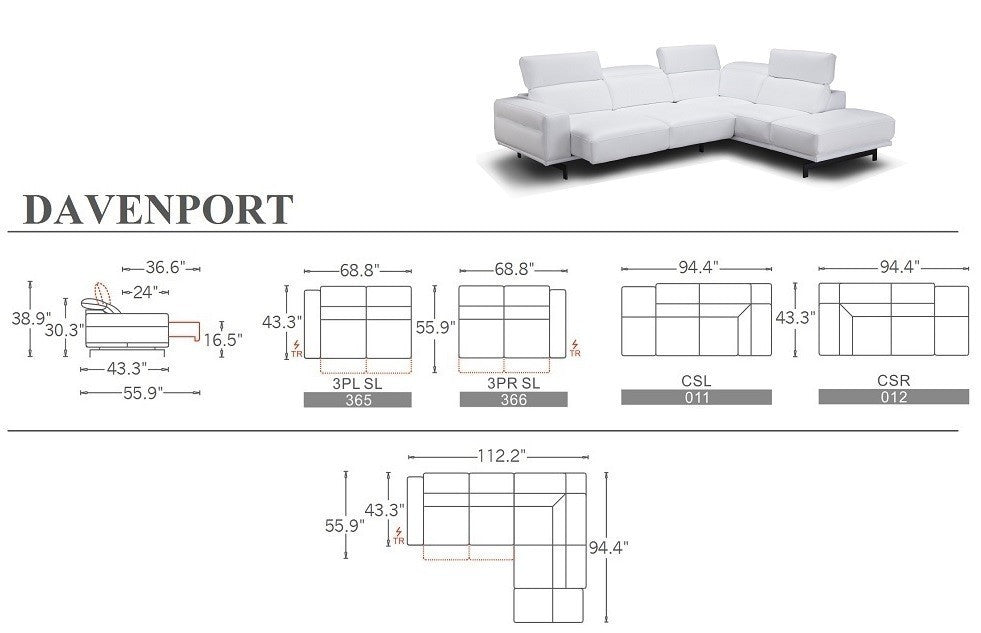 Davenport Leather Sectional in Snow White LHFC Only