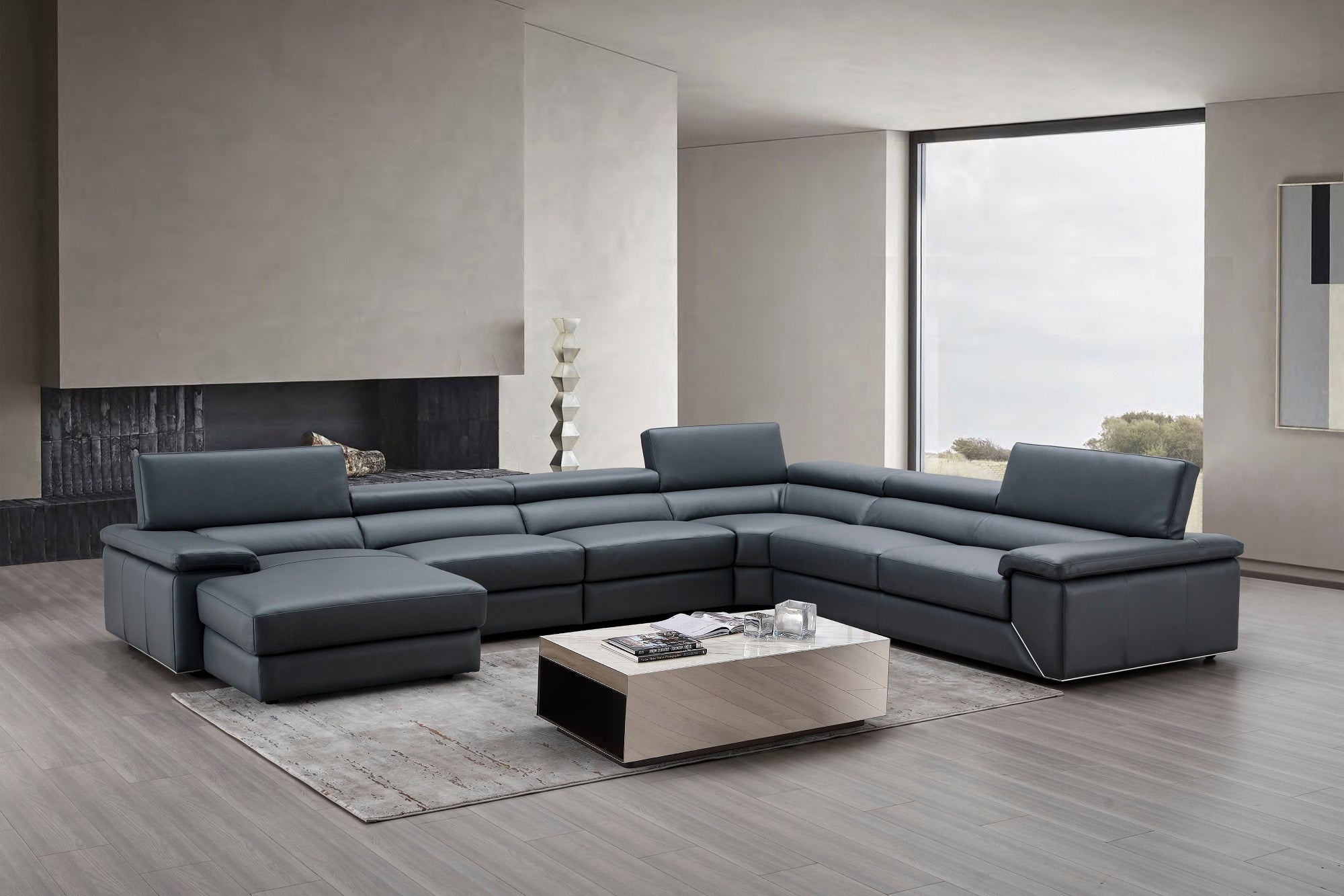 Kobe Premium Leather Sectional in Blue Grey