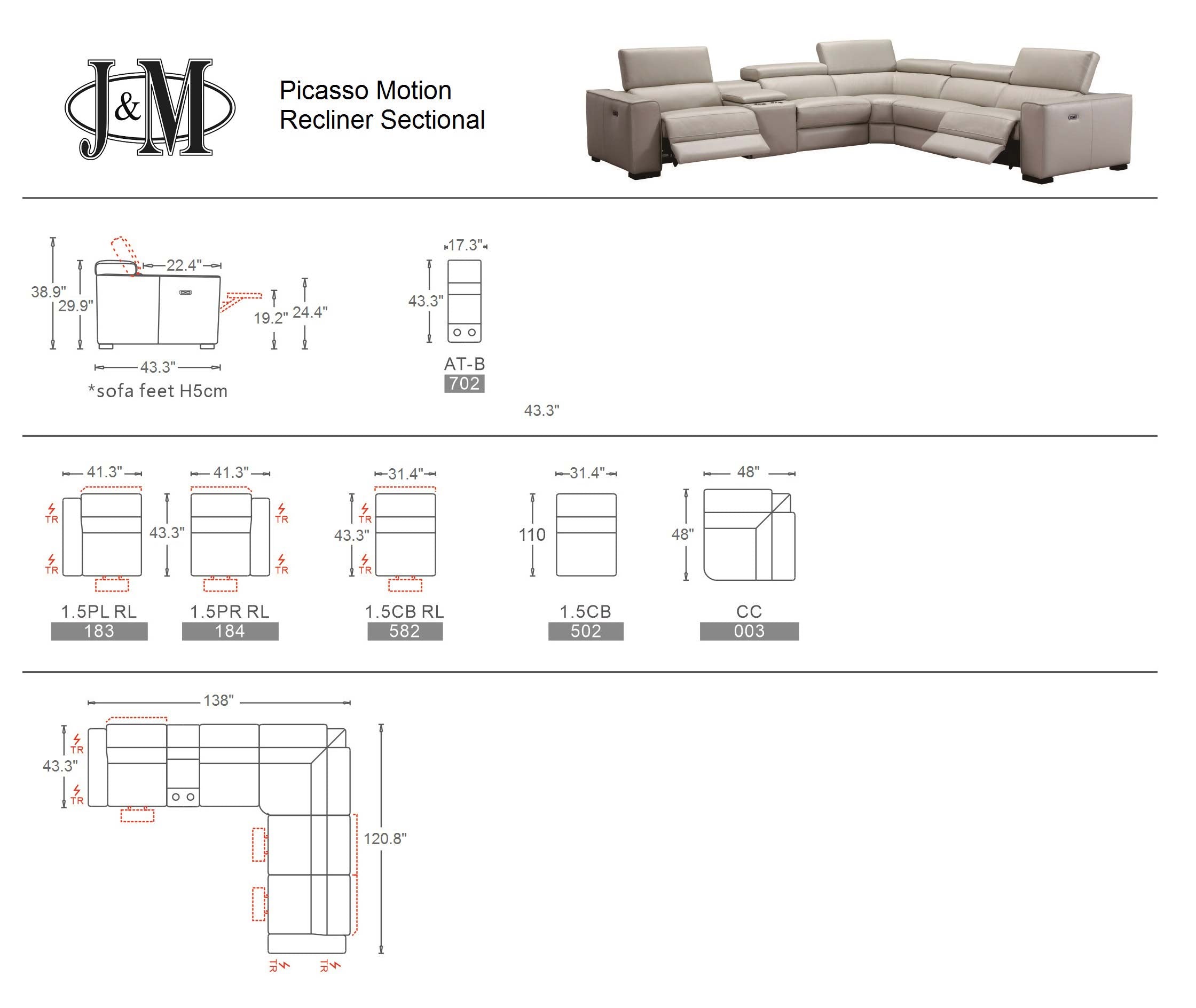 Picasso 6pc Motion Sectional In Silver Grey